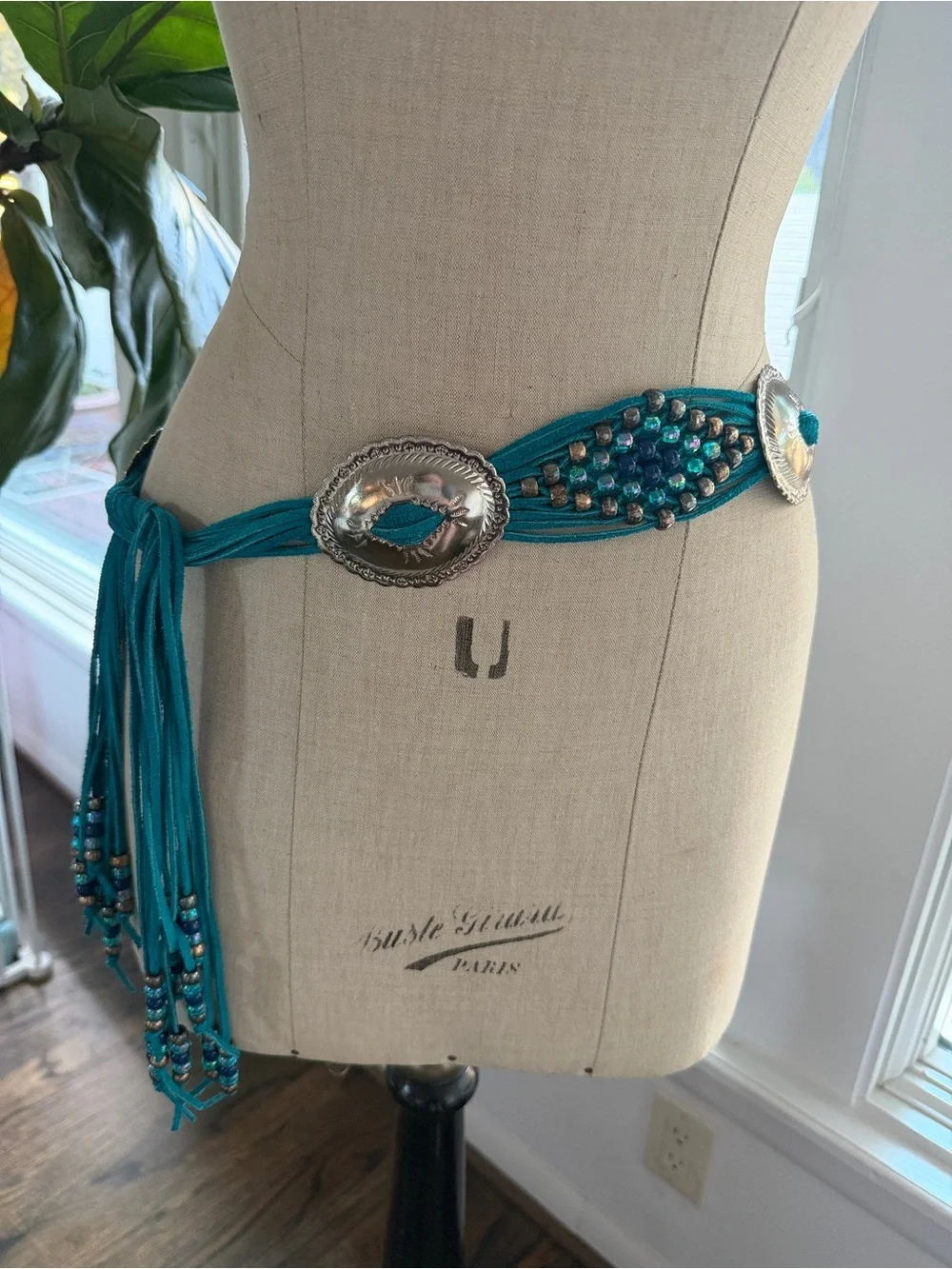 Western Navajo-style Beaded Concho Belt Turquoise fringe Boho - Picture 3 of 6
